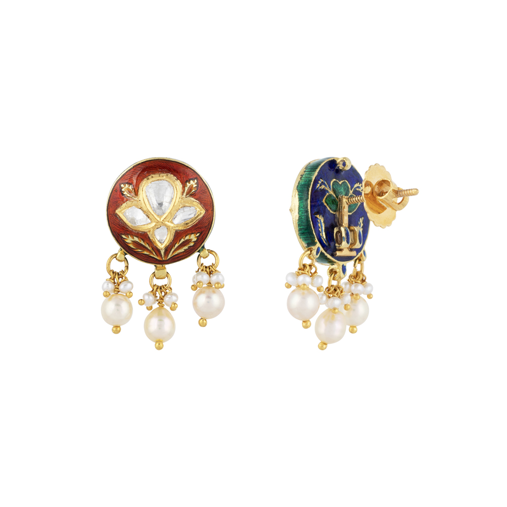 Round Polki Earrings with Red Enamel and Pearl Clusters